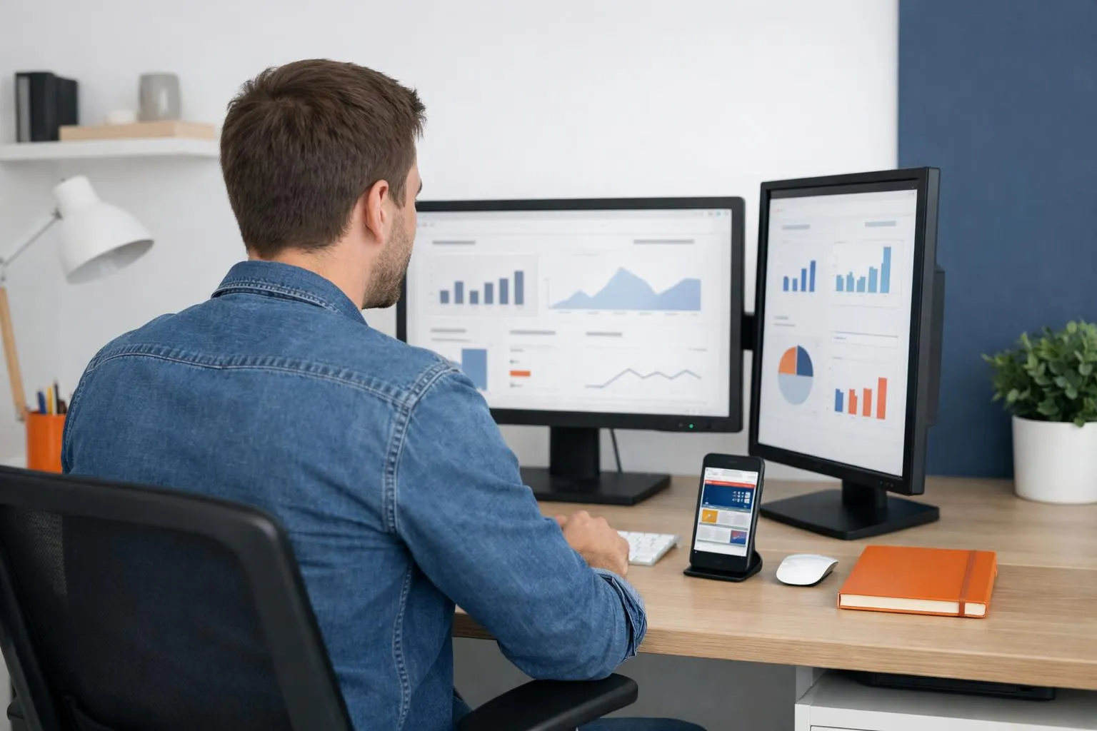 Homme d'affaires analysant des graphiques et des données sur des écrans d'ordinateur.