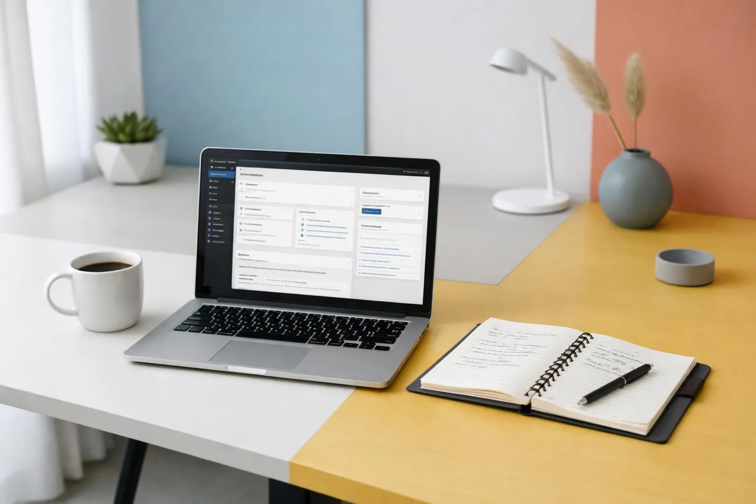Bureau de travail avec ordinateur portable, cahier et tasse de café.