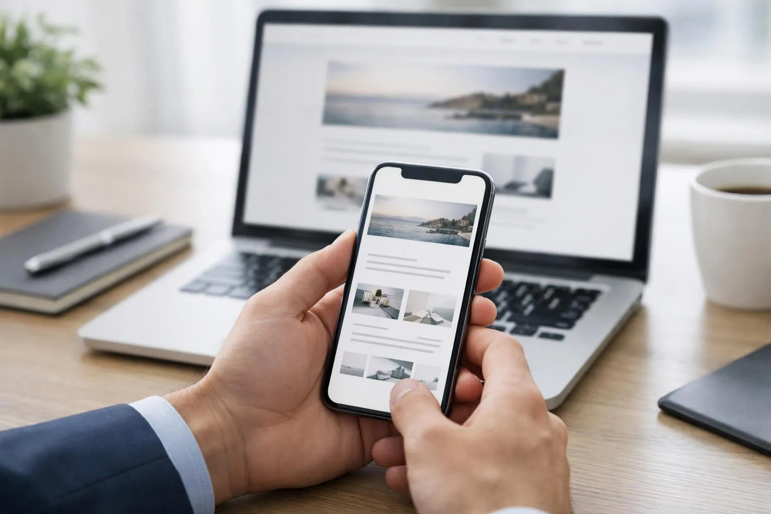 Ordinateur portable et smartphone affichant des photos de paysages côtiers.