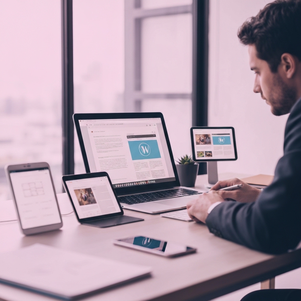 Espace de travail de bureau moderne avec ordinateur portable affichant le tableau de bord WordPress et plusieurs maquettes d'appareils montrant des conceptions de sites Web réactives, développeur professionnel travaillant sur un projet Web personnalisé dans un environnement lumineux.