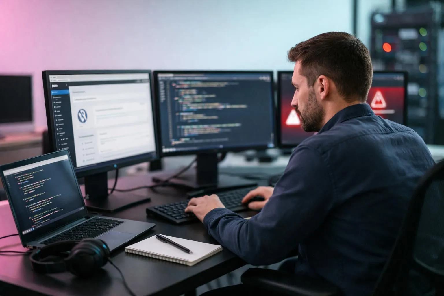 A computer security specialist examining code on multiple screens in a modern office workspace, with visible WordPress interface and security alert notifications on monitors, professional cybersecurity environment with focused technician working on malware detection and website restoration