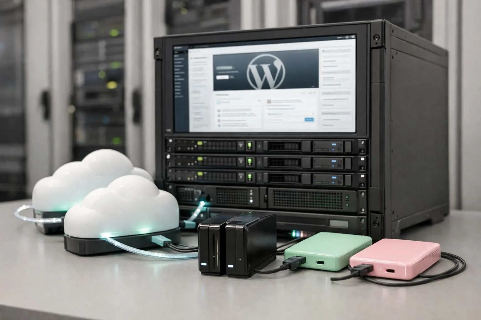 Modern server room with glowing WordPress dashboard interface, cloud storage nodes connecting to external backup drives, sleek professional technology environment showing automated data protection workflow