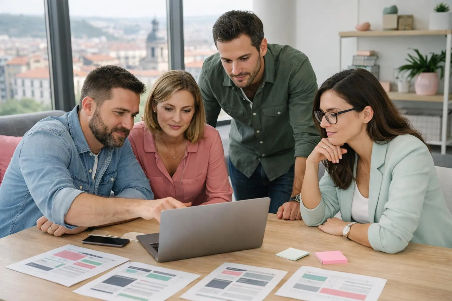 Business team gathered around laptop and printed wireframes on desk reviewing WordPress website mockups and project specifications during planning meeting in modern Lyon office
