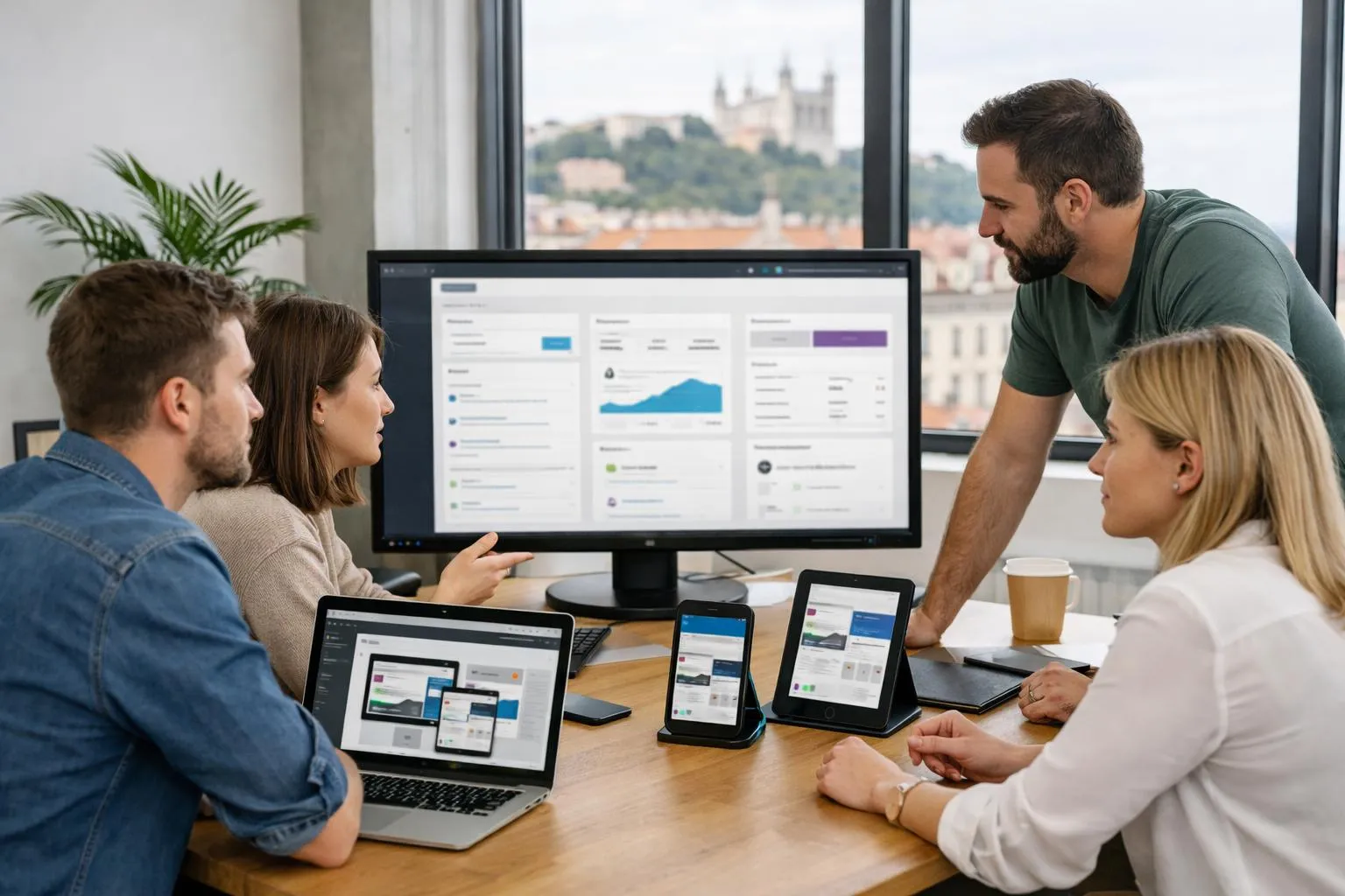 Professional web design team working in a modern Lyon office, collaborating around a large screen displaying WordPress dashboard with WooCommerce integration, responsive design mockups visible on multiple devices including smartphone and tablet, natural lighting through windows showing Lyon cityscape, focus on teamwork and technical expertise in website creation