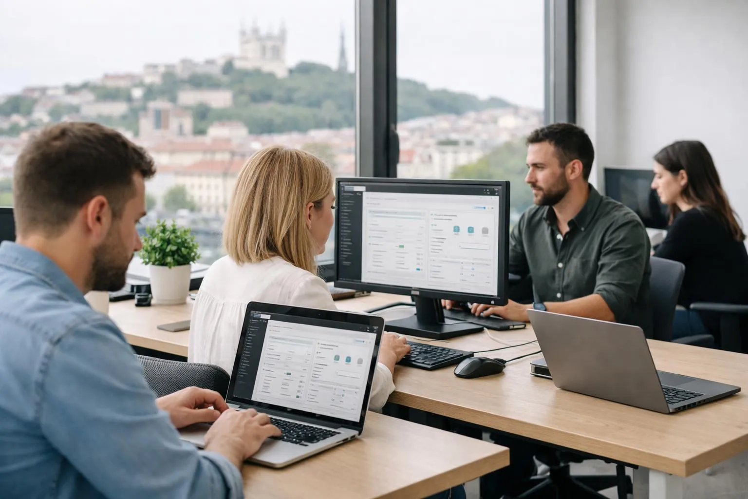 Professional team working on laptop and desktop screens displaying WordPress dashboard with SEO analytics, keyword research tools, and Google Search Console data in a modern Lyon office environment