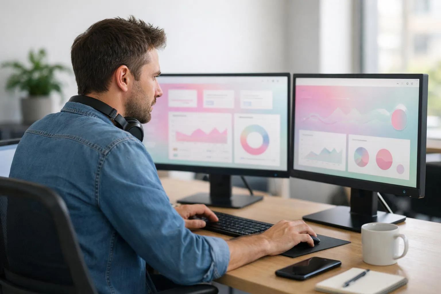 Professional web developer optimizing WordPress performance metrics on dual monitors with clean dashboard interface showing fast loading indicators
