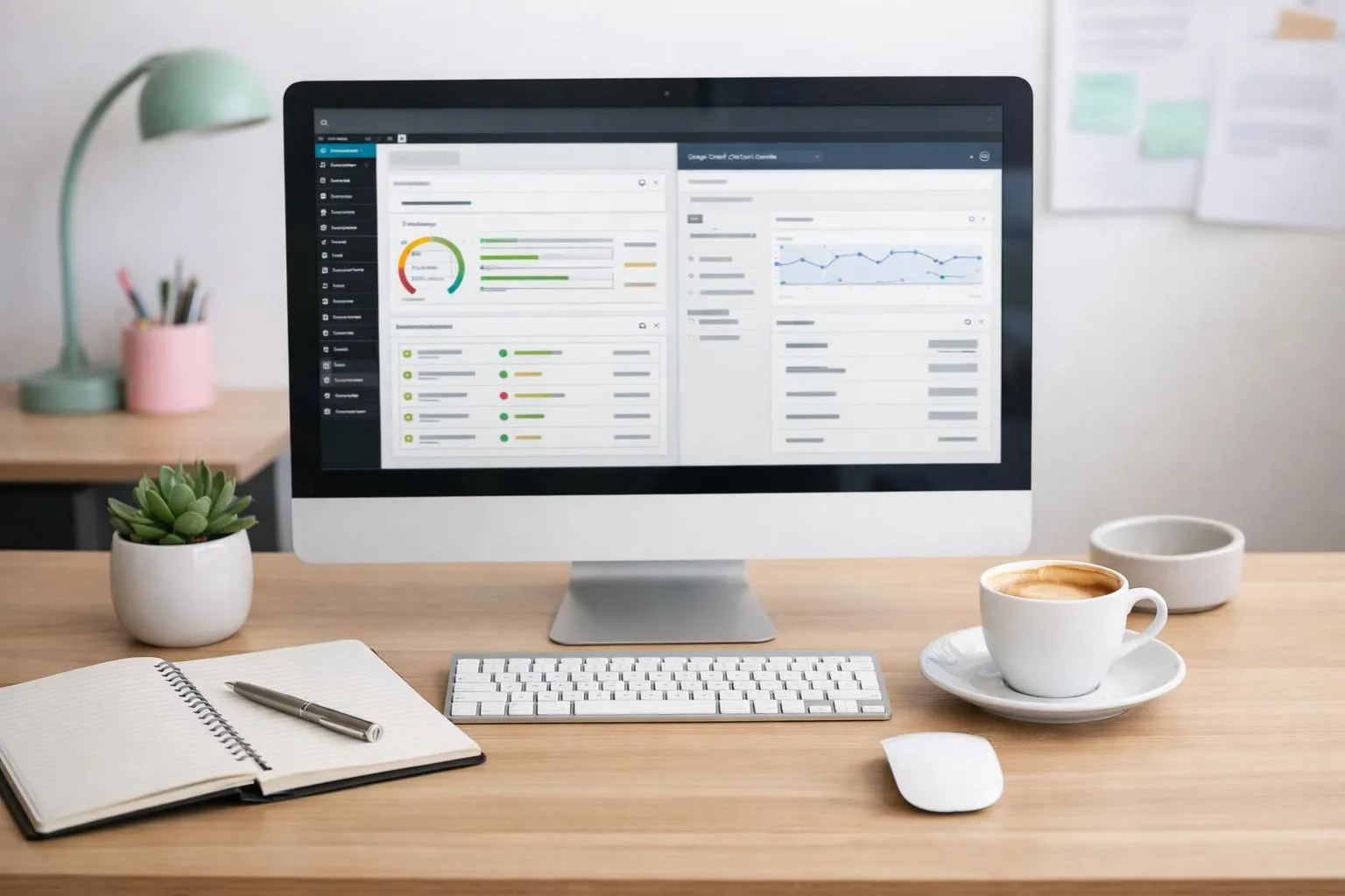 Bureau de travail avec ordinateur, clavier, souris, tasse de café et plante.