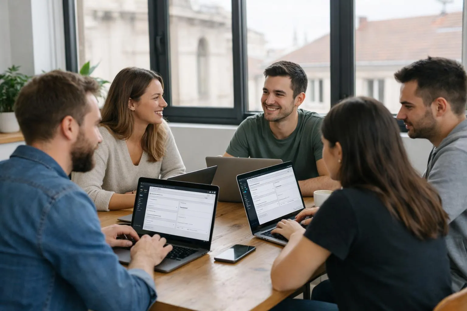 Groupe de collègues collaborant sur des projets informatiques dans un bureau moderne.