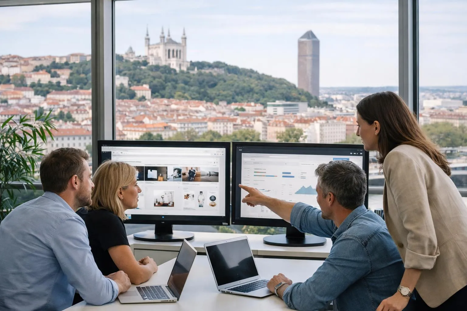 Équipe de professionnels analysant des données sur des écrans d'ordinateur avec une vue panoramique de la ville en arrière-plan.