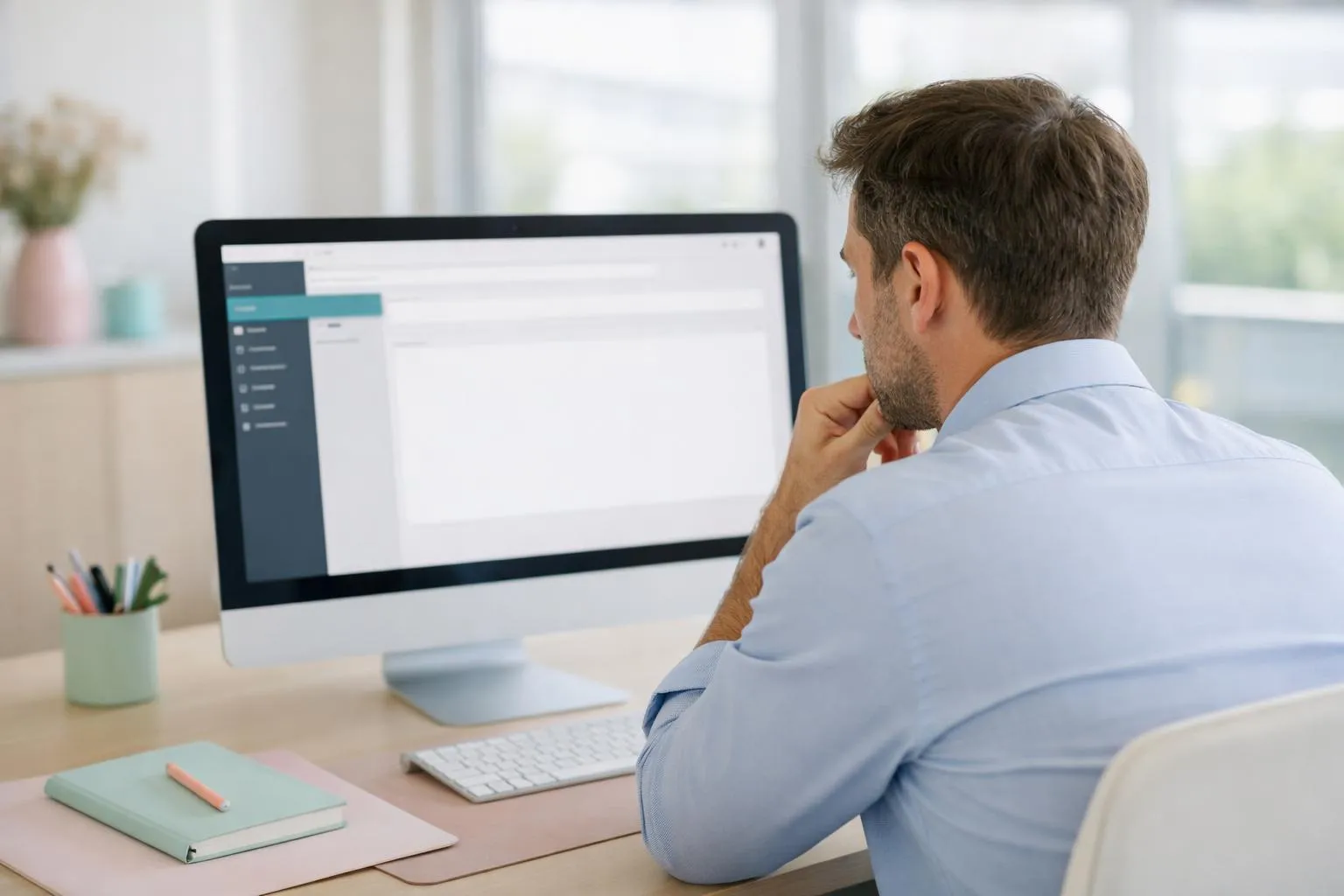 Homme d'affaires concentré travaillant sur un ordinateur de bureau.