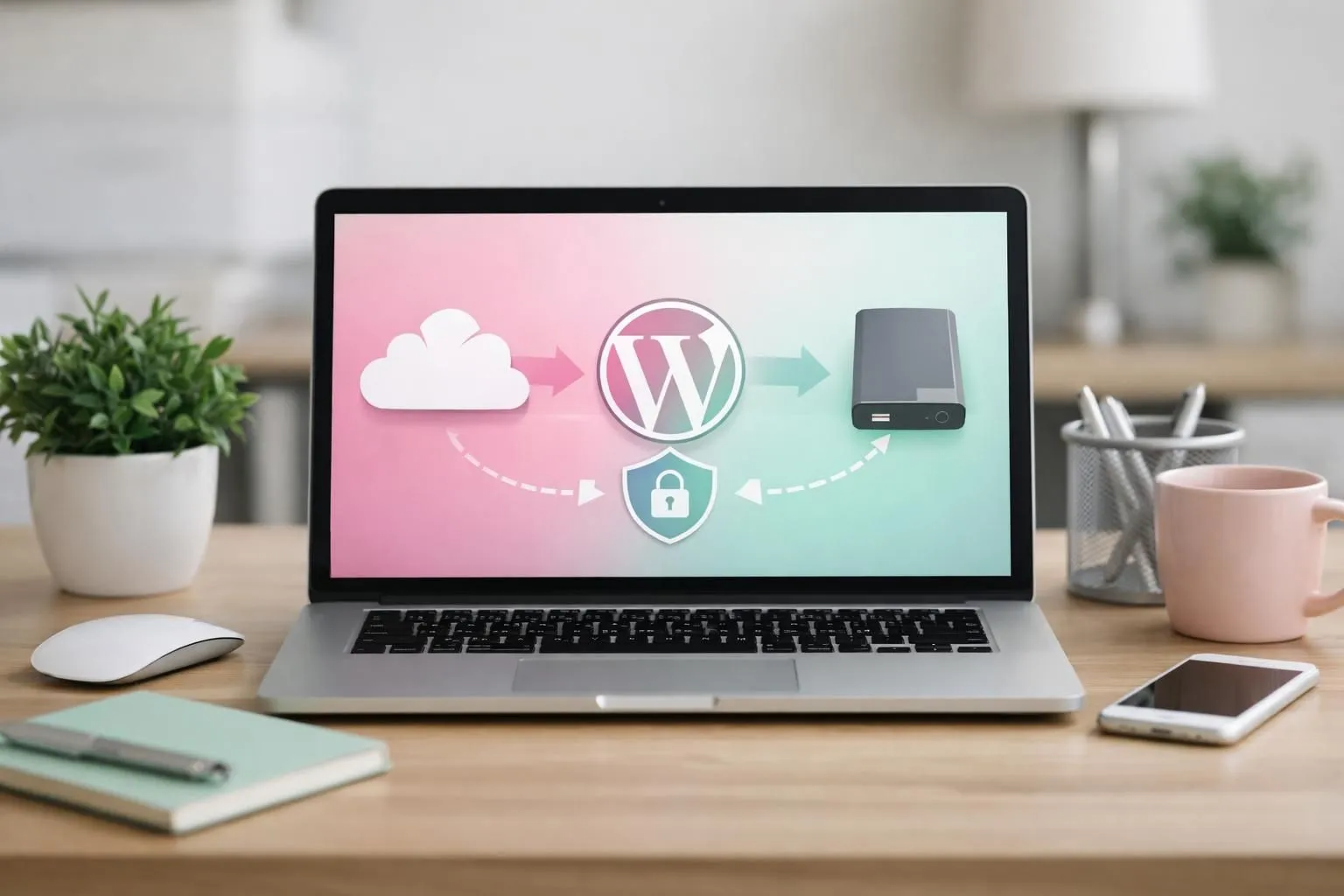 Professional workspace showing laptop screen displaying WordPress backup process with cloud storage icons, files being copied, and secure data transfer visualization, modern technology setup without any text or labels