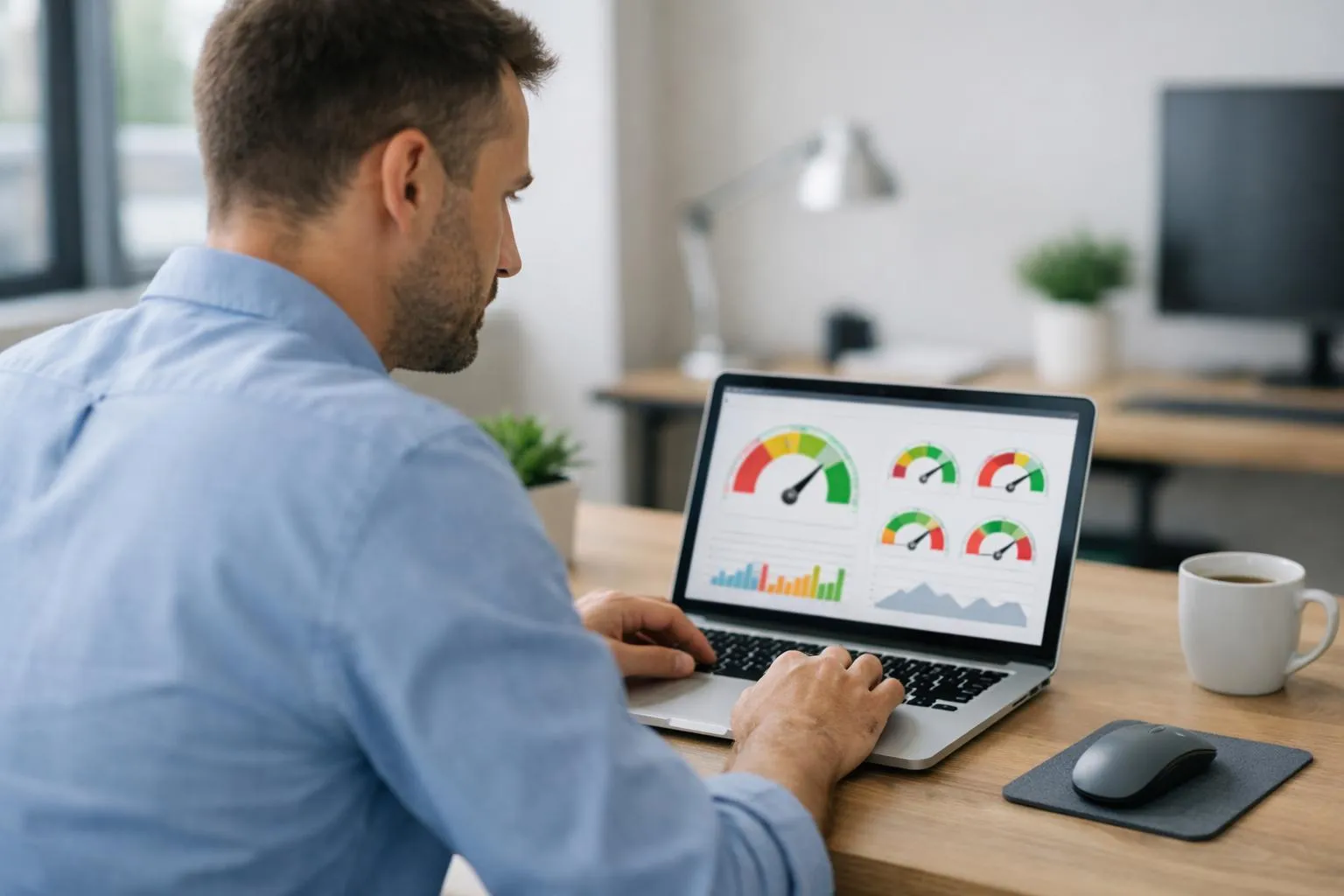 Professional developer analyzing website performance metrics on a modern laptop screen, displaying colorful speed graphs and Core Web Vitals data with red and green indicators, in a contemporary office setting with natural lighting