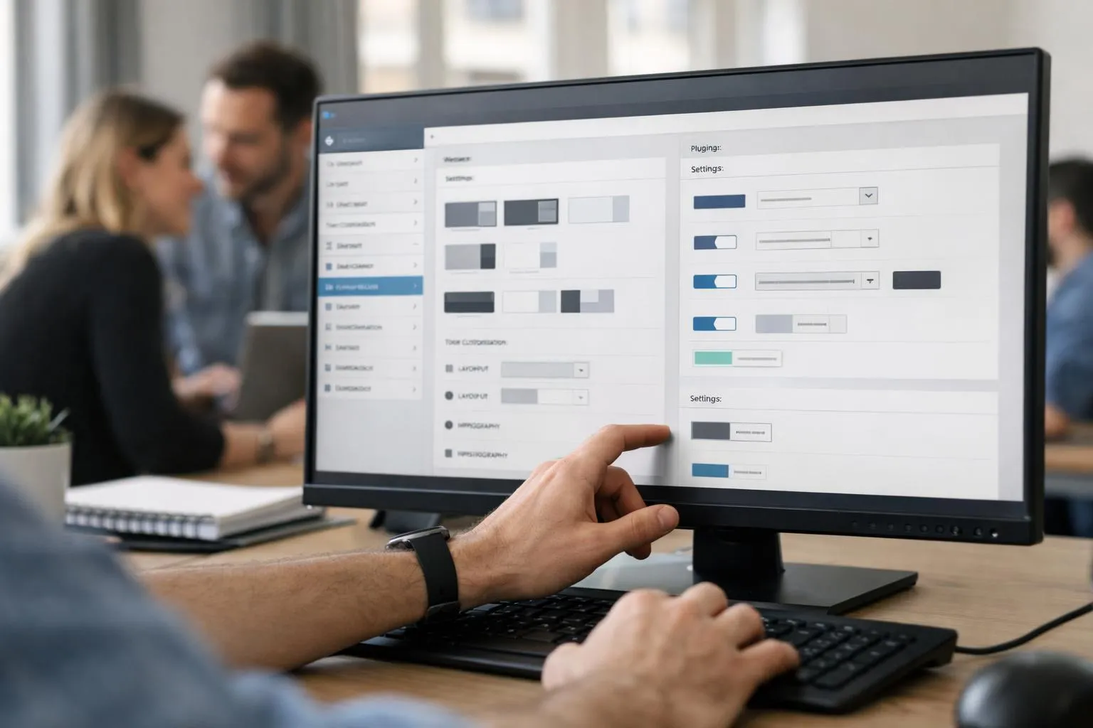 Team of web developers reviewing WordPress code on multiple monitors displaying plugin architecture and theme customization panels in a modern Lyon office setting with colleagues collaborating