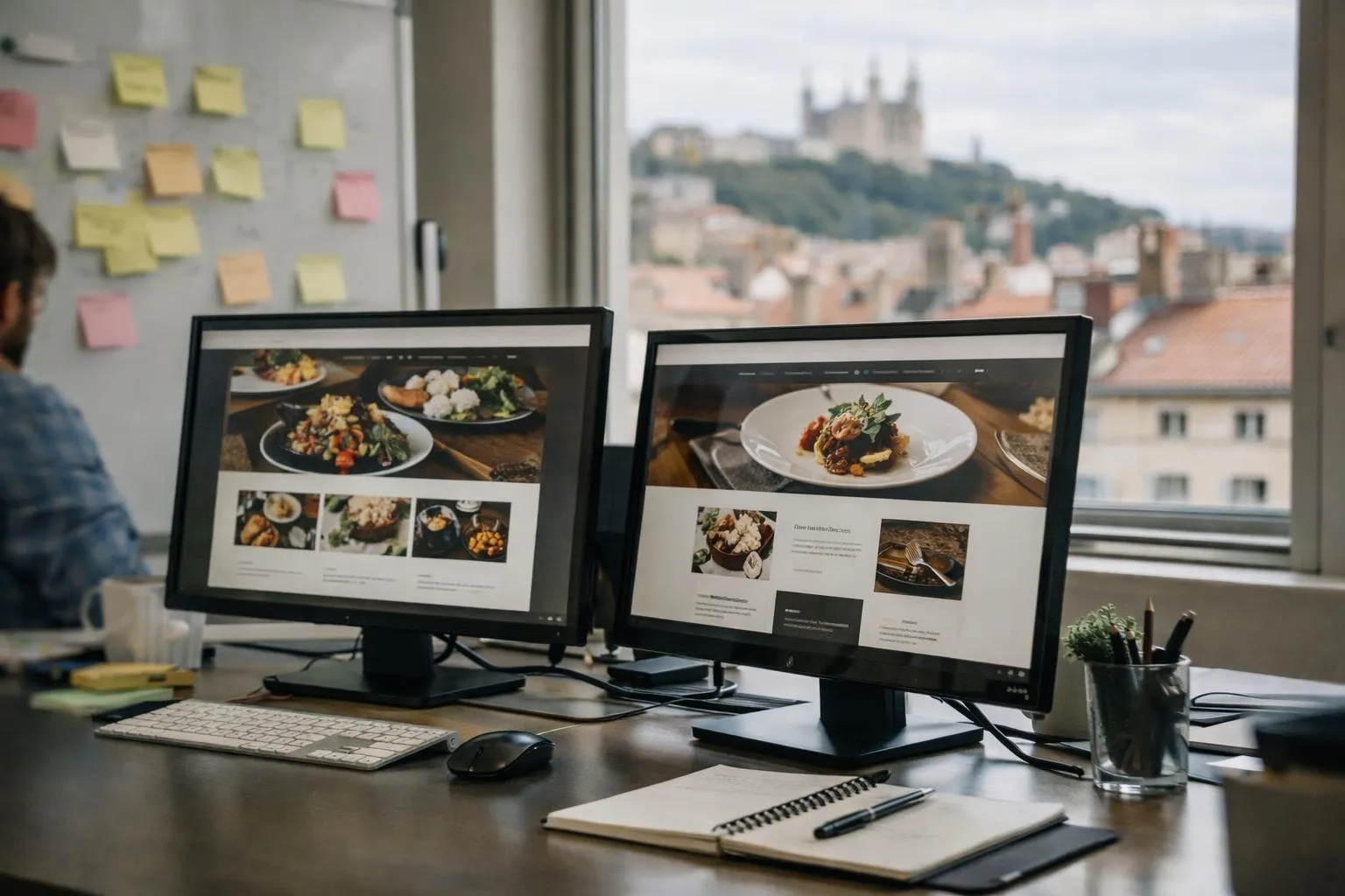 Réunion stratégique entre professionnels d'agence web et restaurateur dans un bureau moderne lyonnais, plusieurs écrans d'ordinateur affichant des maquettes de sites WordPress pour restaurants, post-it collés sur un tableau blanc, ambiance de travail collaborative et créative, lumière naturelle, vue sur les toits de Lyon en arrière-plan