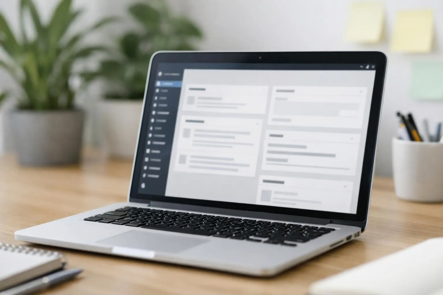 Équipe de développeurs web collaborant autour d'un écran d'ordinateur portable affichant un tableau de bord WordPress, dans un bureau lumineux moderne avec plantes vertes et post-its de brainstorming collés sur une verrière