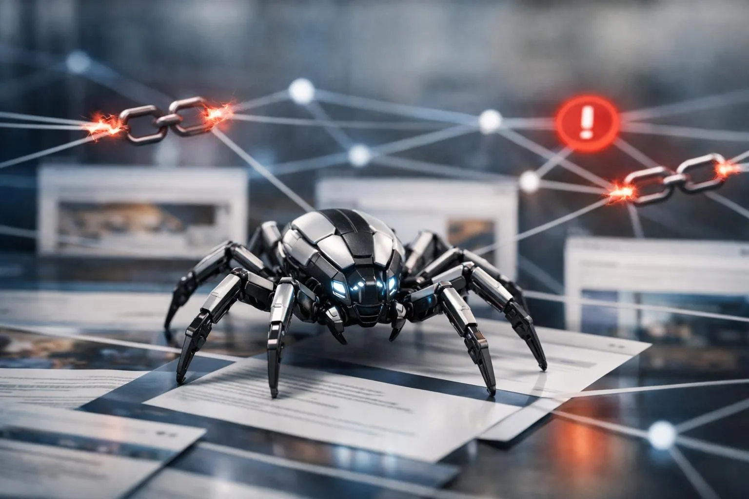 Robot araignée menaçant sur un réseau numérique.