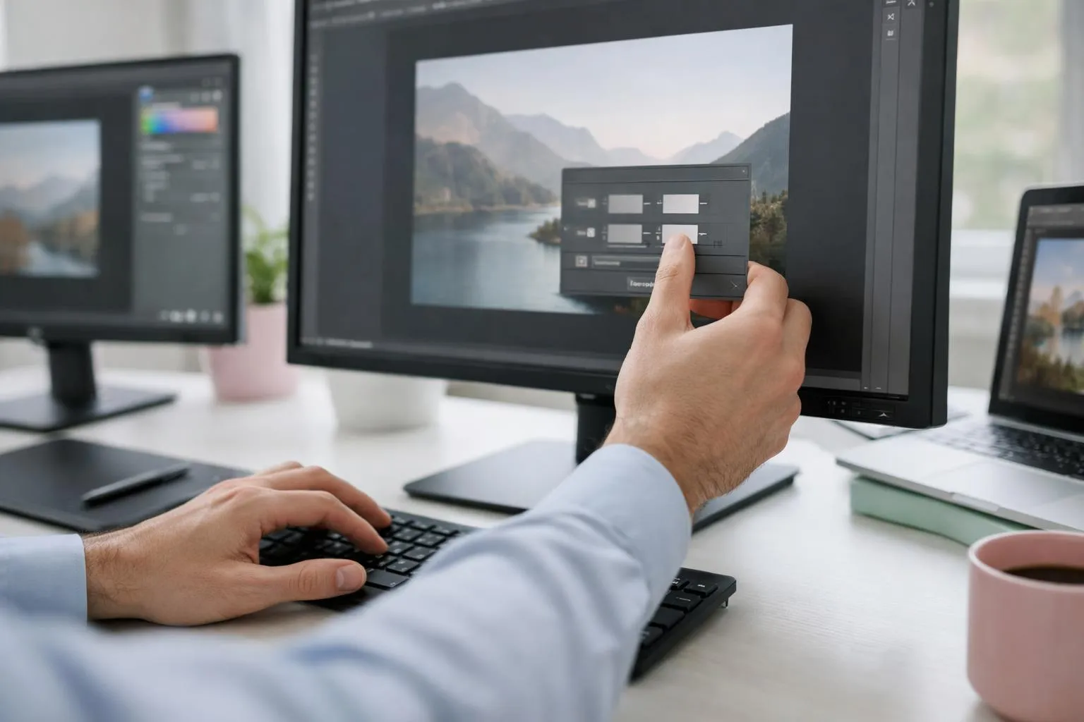 Personne utilisant un ordinateur pour éditer une image de paysage montagneux.