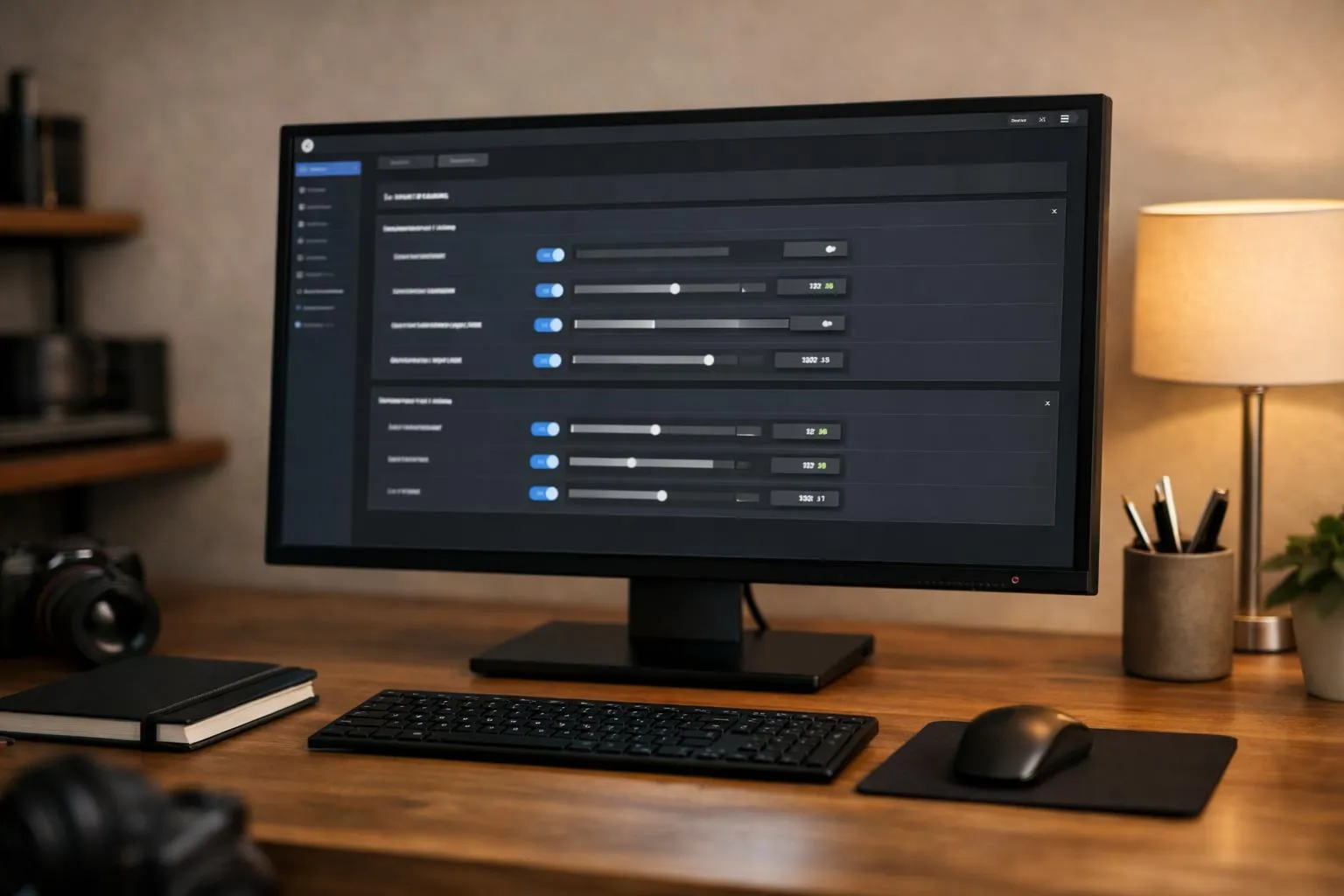 Bureau de travail avec ordinateur et accessoires.