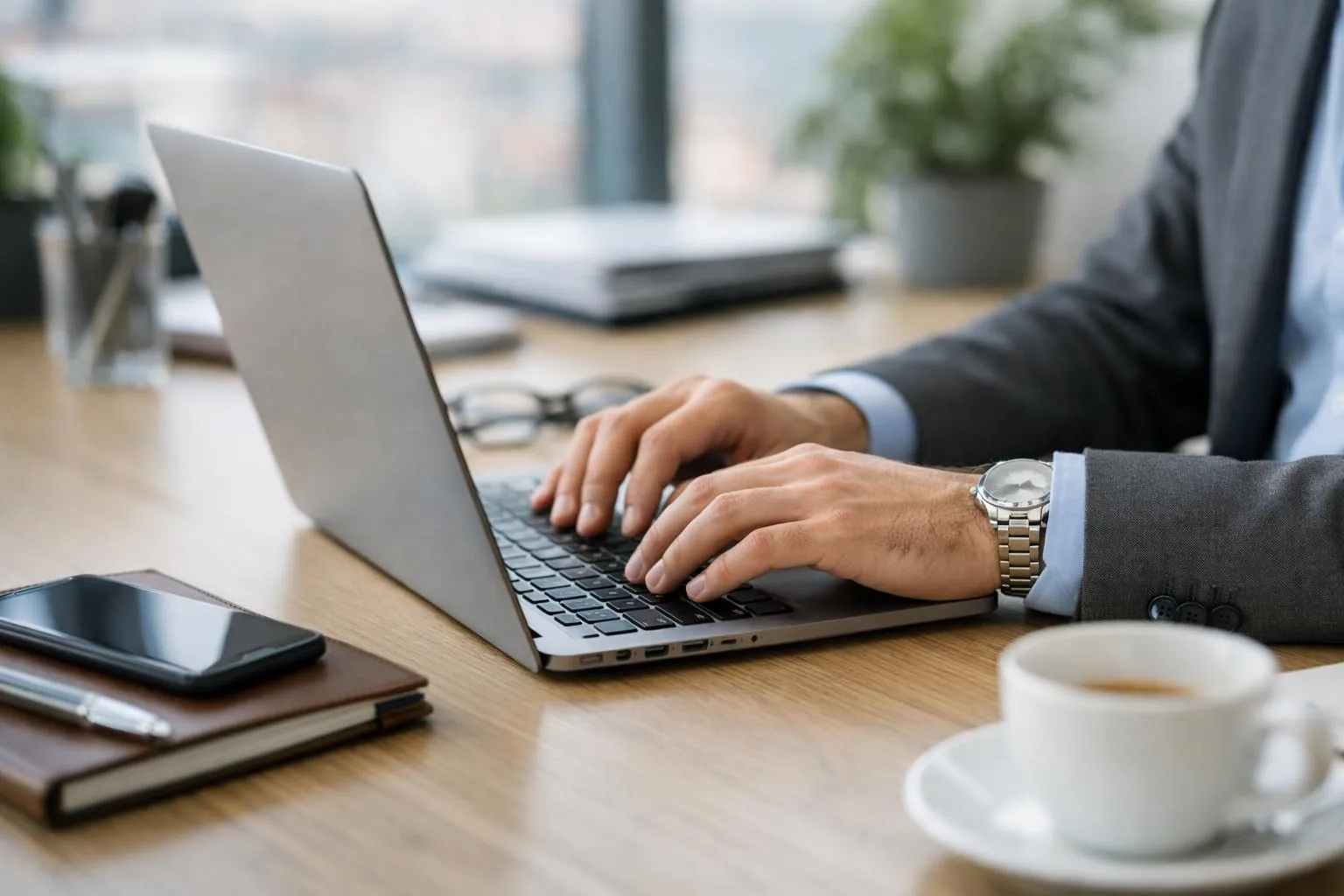 Homme d'affaires travaillant sur un ordinateur portable dans un bureau moderne.