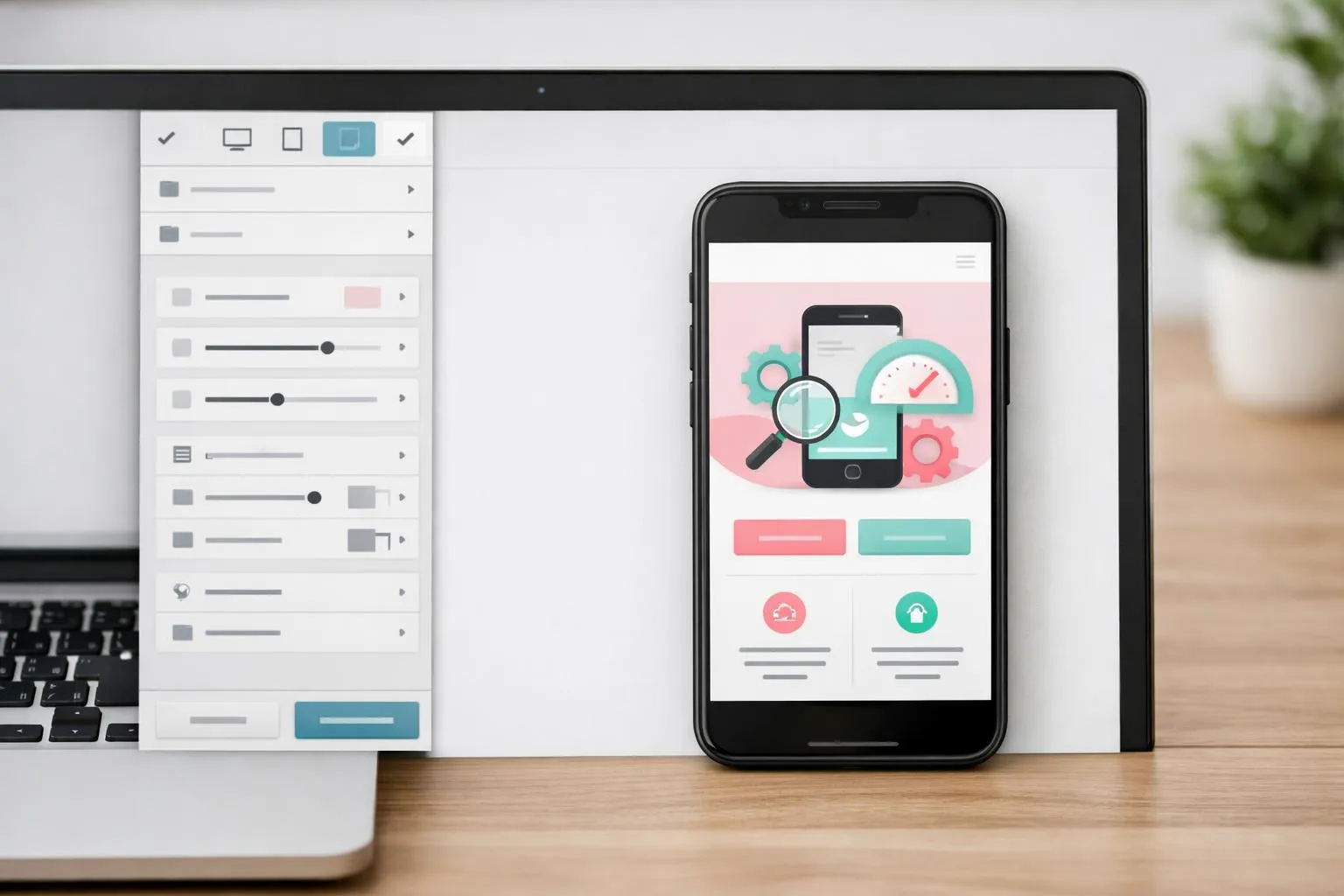 Ordinateur portable avec interface de conception graphique et smartphone avec écran d'application mobile.