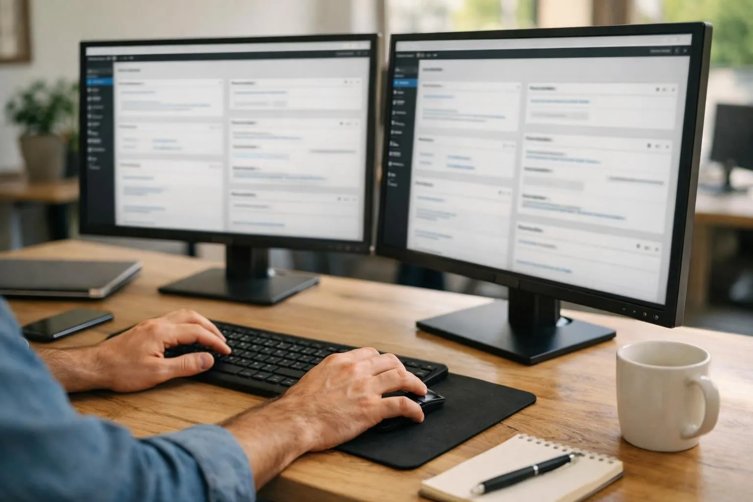 Web developer working at desk with dual monitors displaying WordPress dashboard on staging environment, one screen showing testing interface with green checkmarks, professional office setting with laptop and coffee cup, realistic photography style