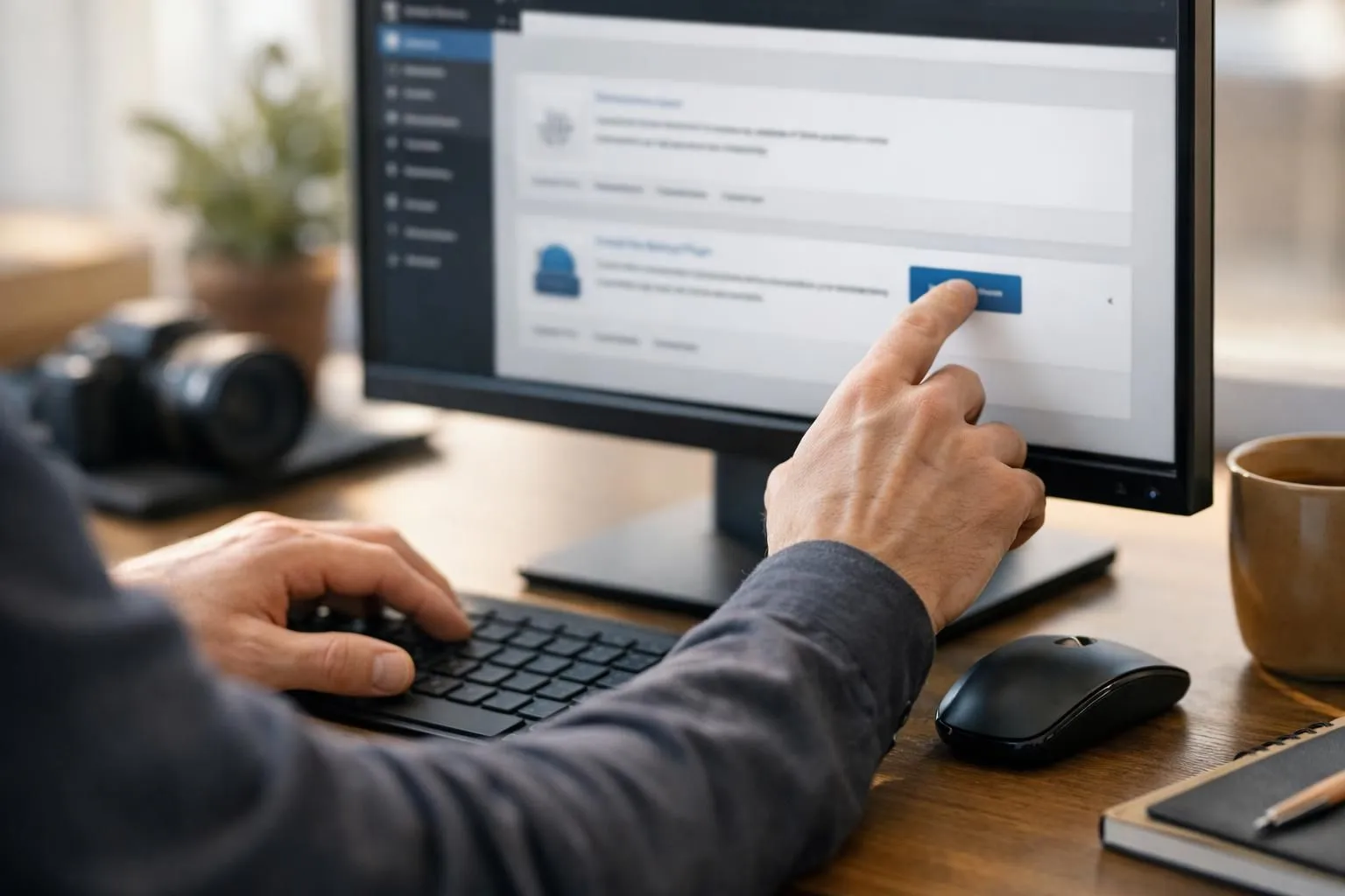 WordPress admin dashboard on laptop screen showing plugin installation interface with backup plugin cards, mouse cursor hovering over install button, modern office desk setting, natural lighting, realistic photography style
