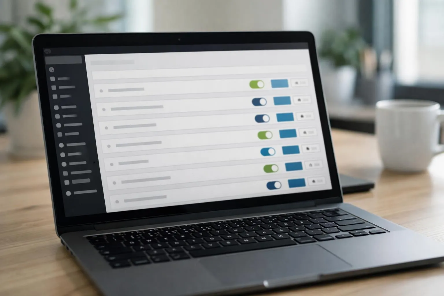 Modern laptop screen displaying WordPress admin dashboard with plugins management interface, showing colorful plugin cards with deactivate buttons, clean office desk environment with natural lighting, focus on performance optimization tools