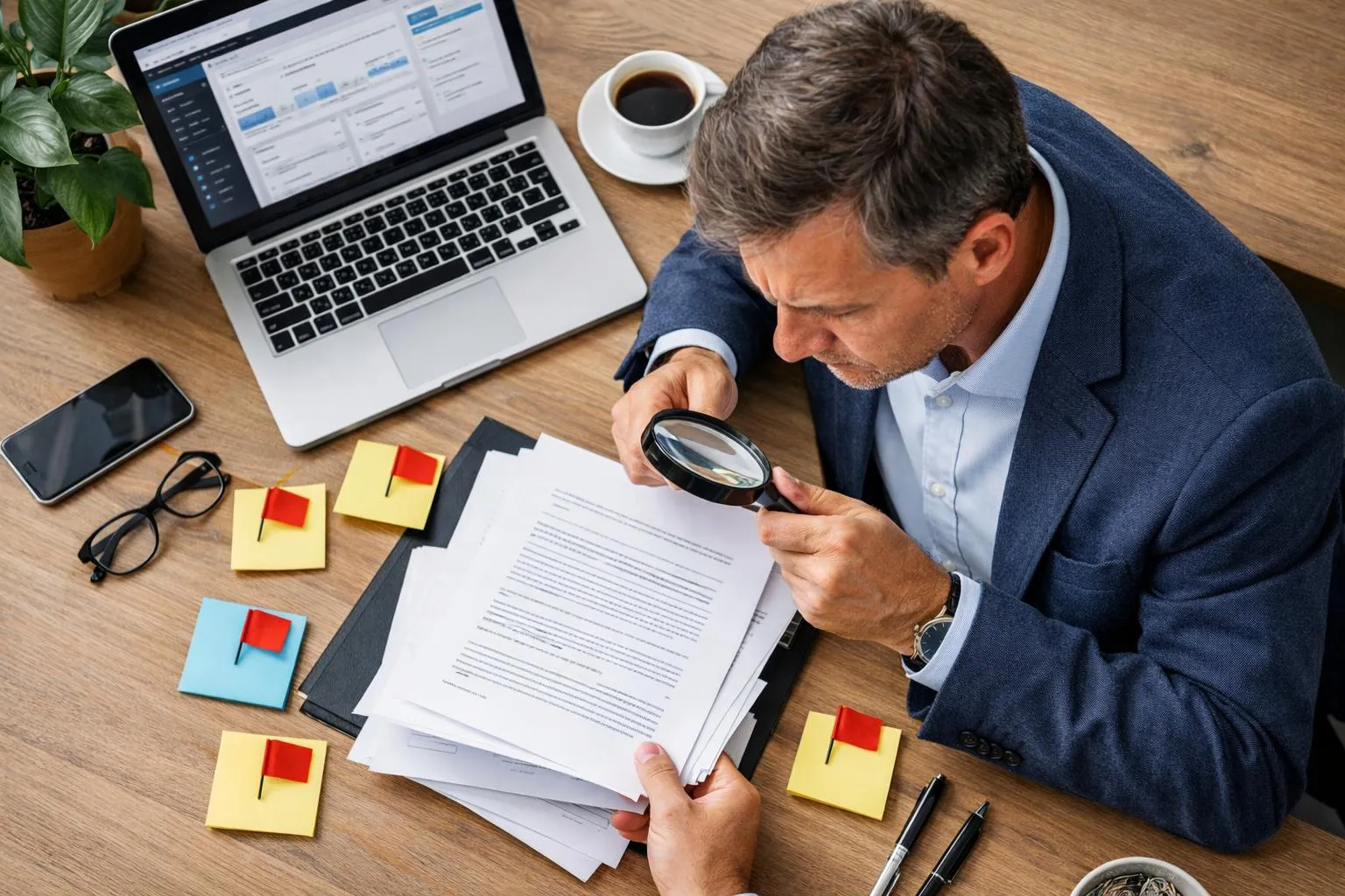 Business professional examining WordPress contract documents with magnifying glass on desk, surrounded by laptop showing website dashboard and sticky notes with red flags, in modern Lyon office with concerned but analytical expression, natural lighting