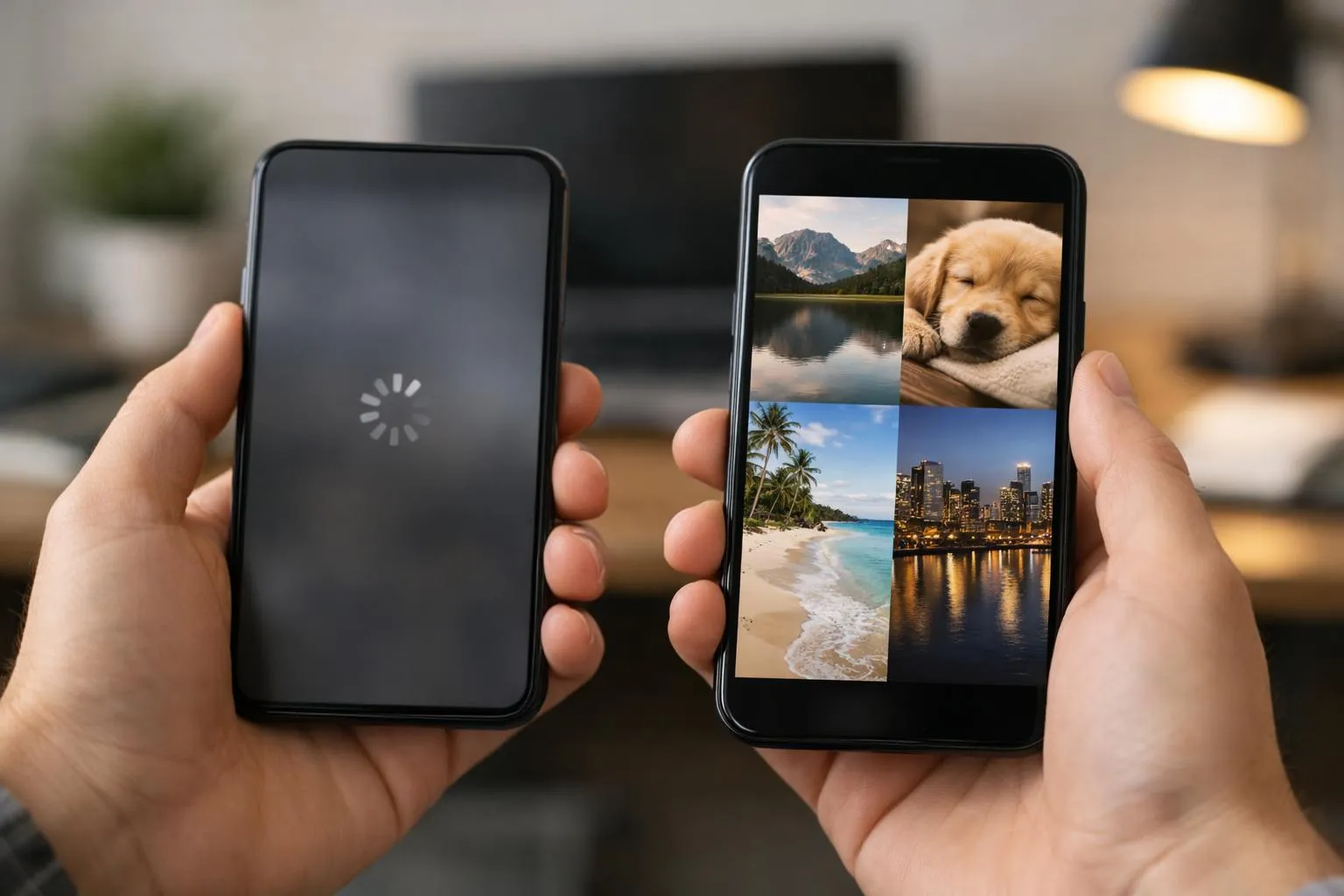 Deux smartphones affichant des images de paysages, d'un chien endormi et d'une ville côtière.