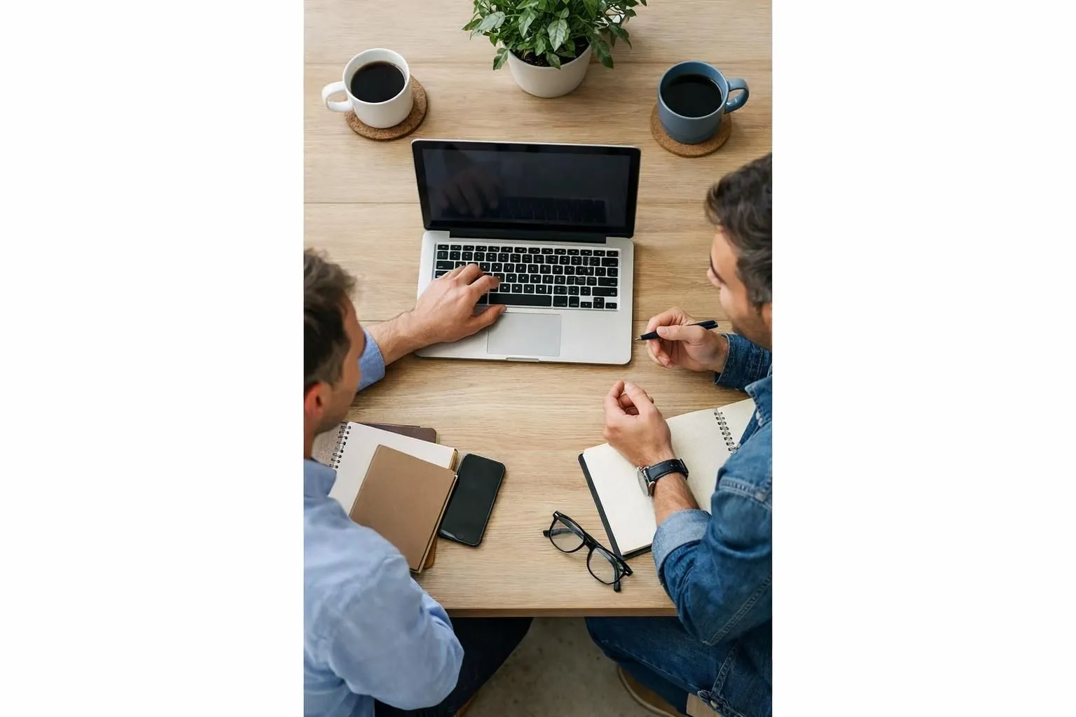 Professional web consultant meeting with small business owner in Lyon office, reviewing WordPress website on laptop, collaborative working atmosphere with notebooks and coffee cups on desk