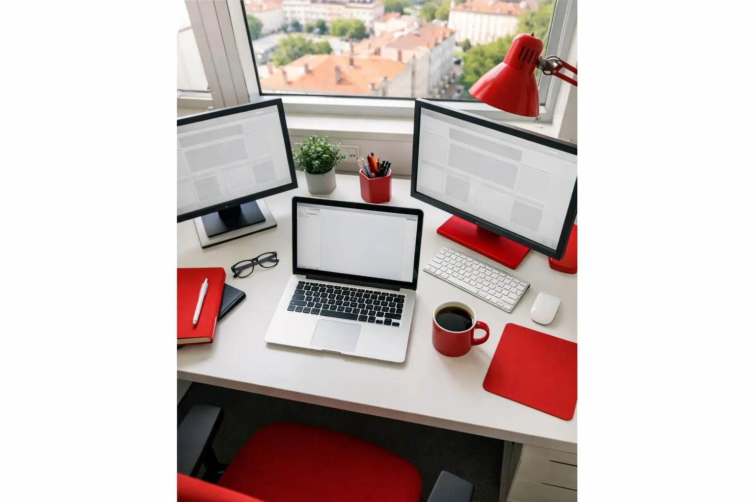 Professional web designer working on laptop in modern Lyon office with multiple screens showing website wireframes, coffee cup on desk, natural daylight through windows, focused atmosphere of digital creation, realistic photography style