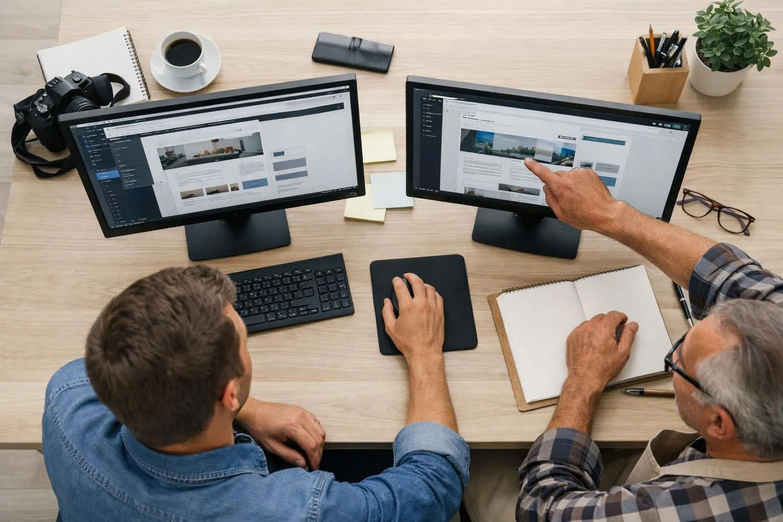 Web developer presenting custom WordPress site structure on dual monitors to craftsman in bright Lyon agency office, design mockups visible, collaborative working session