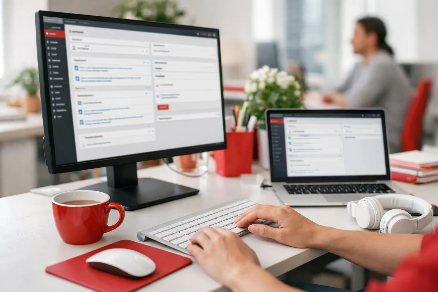 Professional web support specialist assisting client via video call with WordPress dashboard visible on dual monitors in modern Lyon office, collaborative and reassuring atmosphere with natural lighting