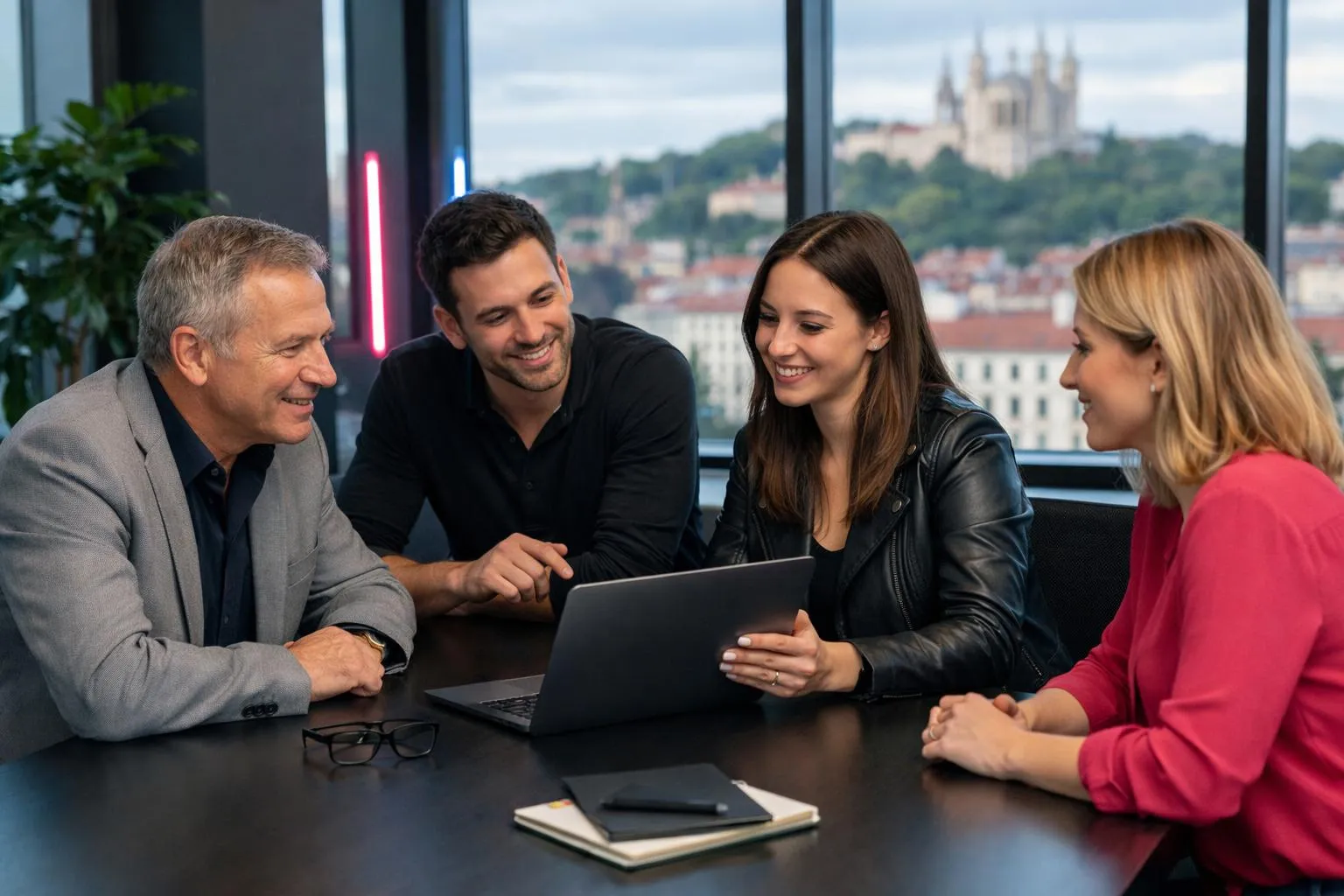 Professional business meeting in modern Lyon office, agency consultant presenting WordPress project on laptop to attentive local business owner, natural lighting, collaborative atmosphere