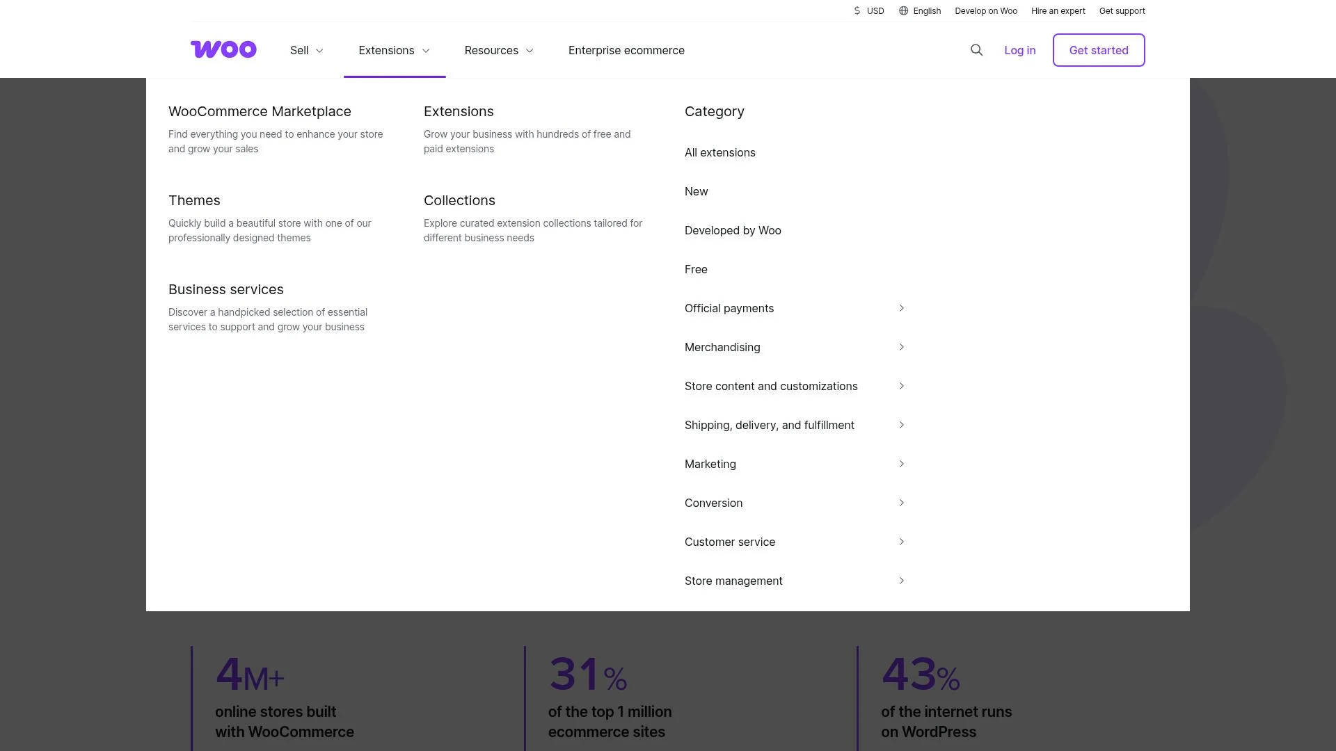 WooCommerce Marketplace, Extensions, Categories, Business services, and statistics.