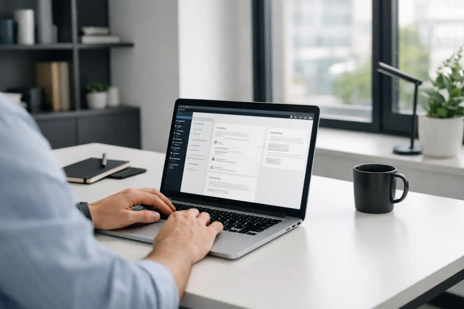 Un professionnel d'affaires gérant avec assurance le tableau de bord WordPress sur un ordinateur portable dans un bureau moderne, mettant à jour le contenu du site web de manière indépendante, l'écran affichant l'interface WordPress, éclairage naturel, environnement professionnel.