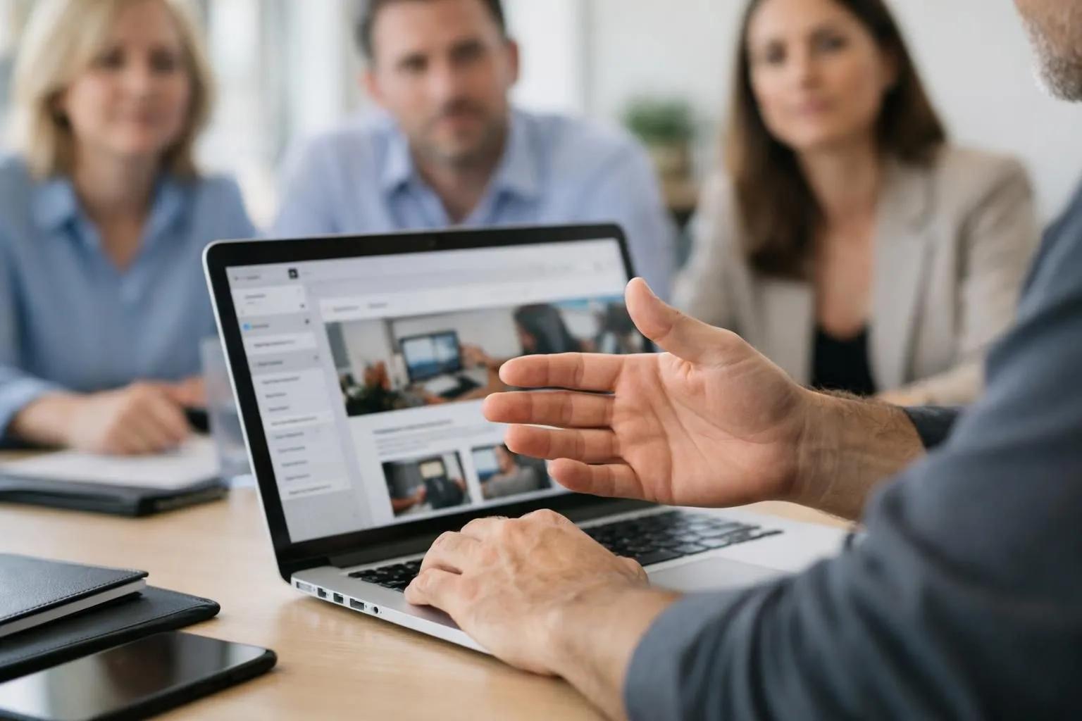 Atelier de formation WordPress professionnel avec l'instructeur démontrant la personnalisation de site web sur grand écran à un petit groupe de professionnels prenant des notes sur leurs ordinateurs, dans un bureau moderne avec éclairage naturel.